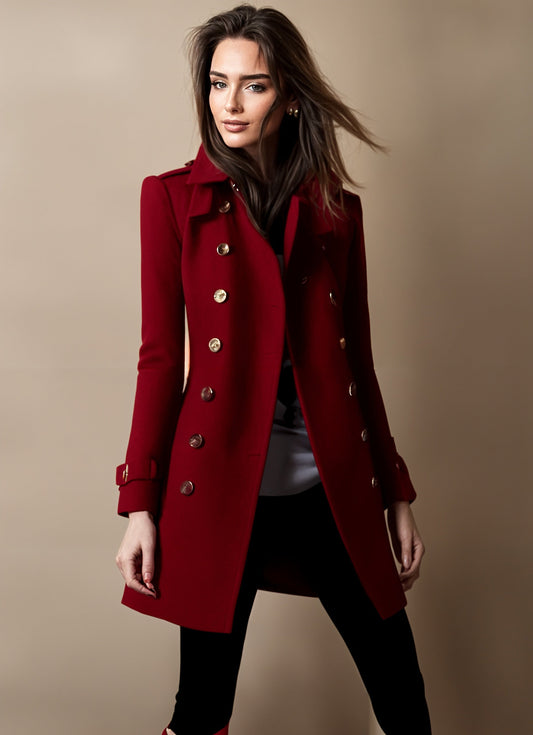 Elena elegant long tailored coat for women with a straight cut and button-front details.