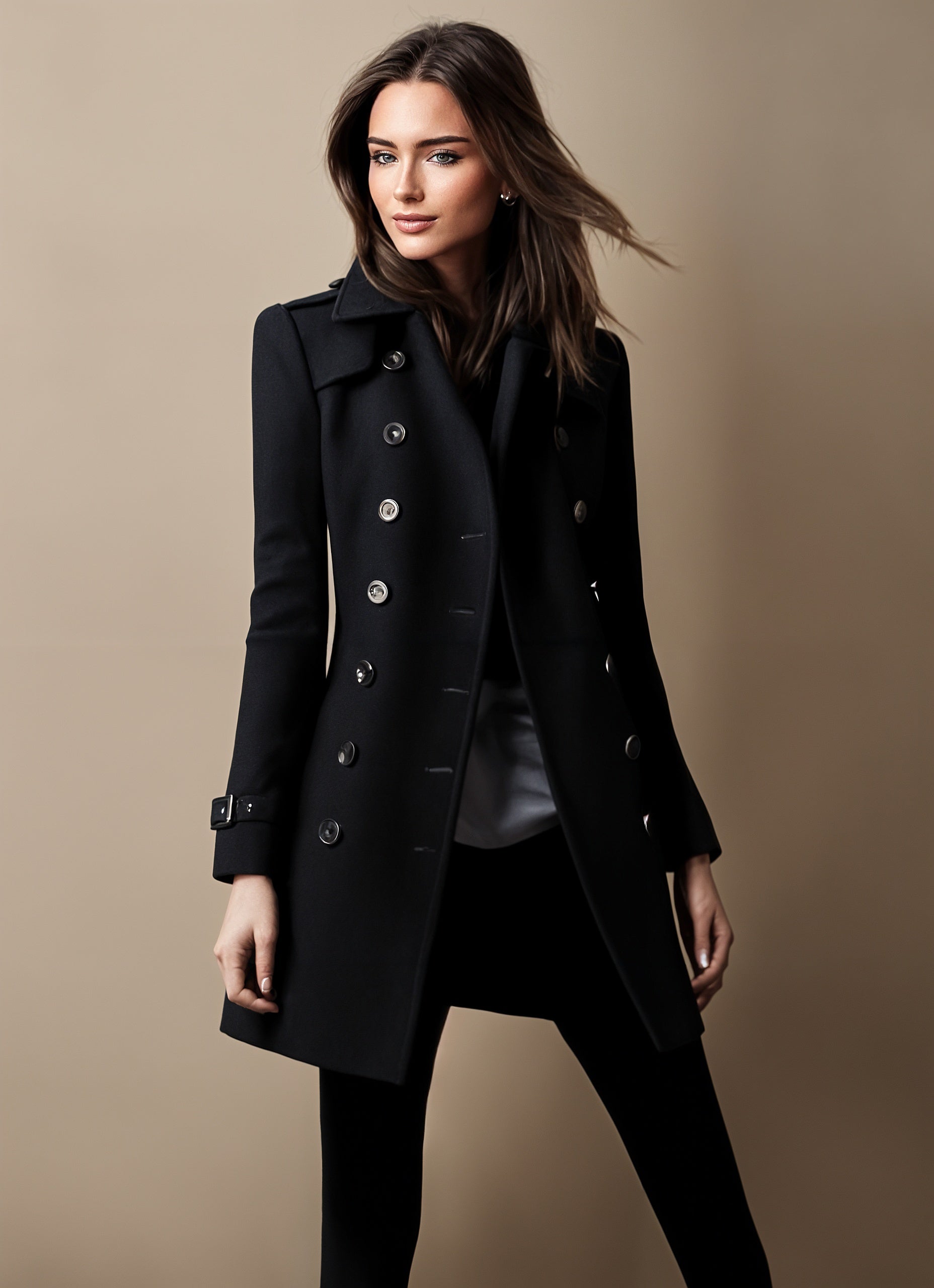 Elena elegant long tailored coat for women with a straight cut and button-front details.