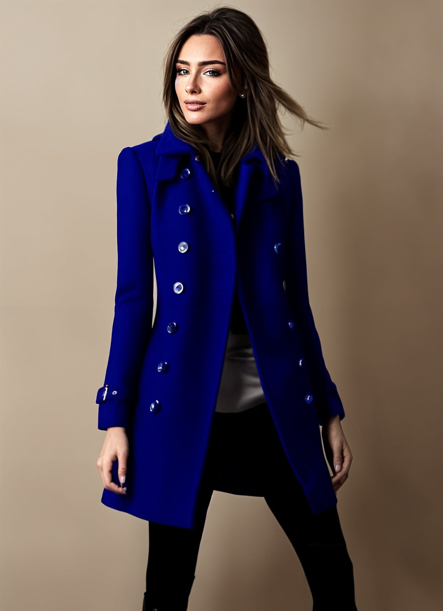 Elena elegant long tailored coat for women with a straight cut and button-front details.