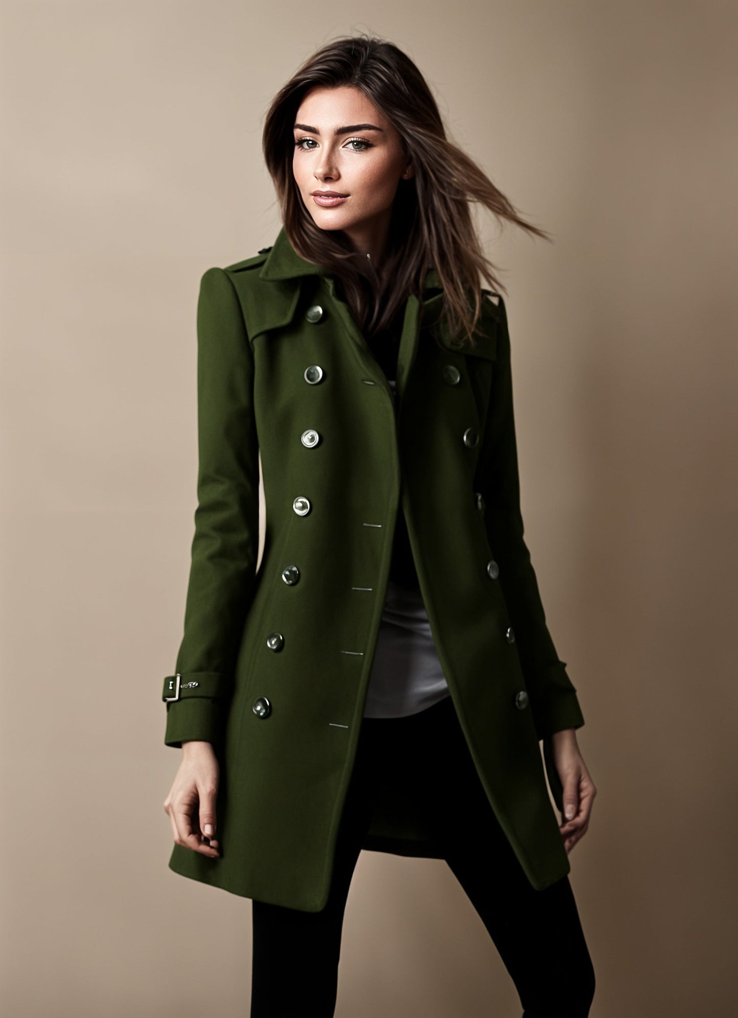 Elena elegant long tailored coat for women with a straight cut and button-front details.