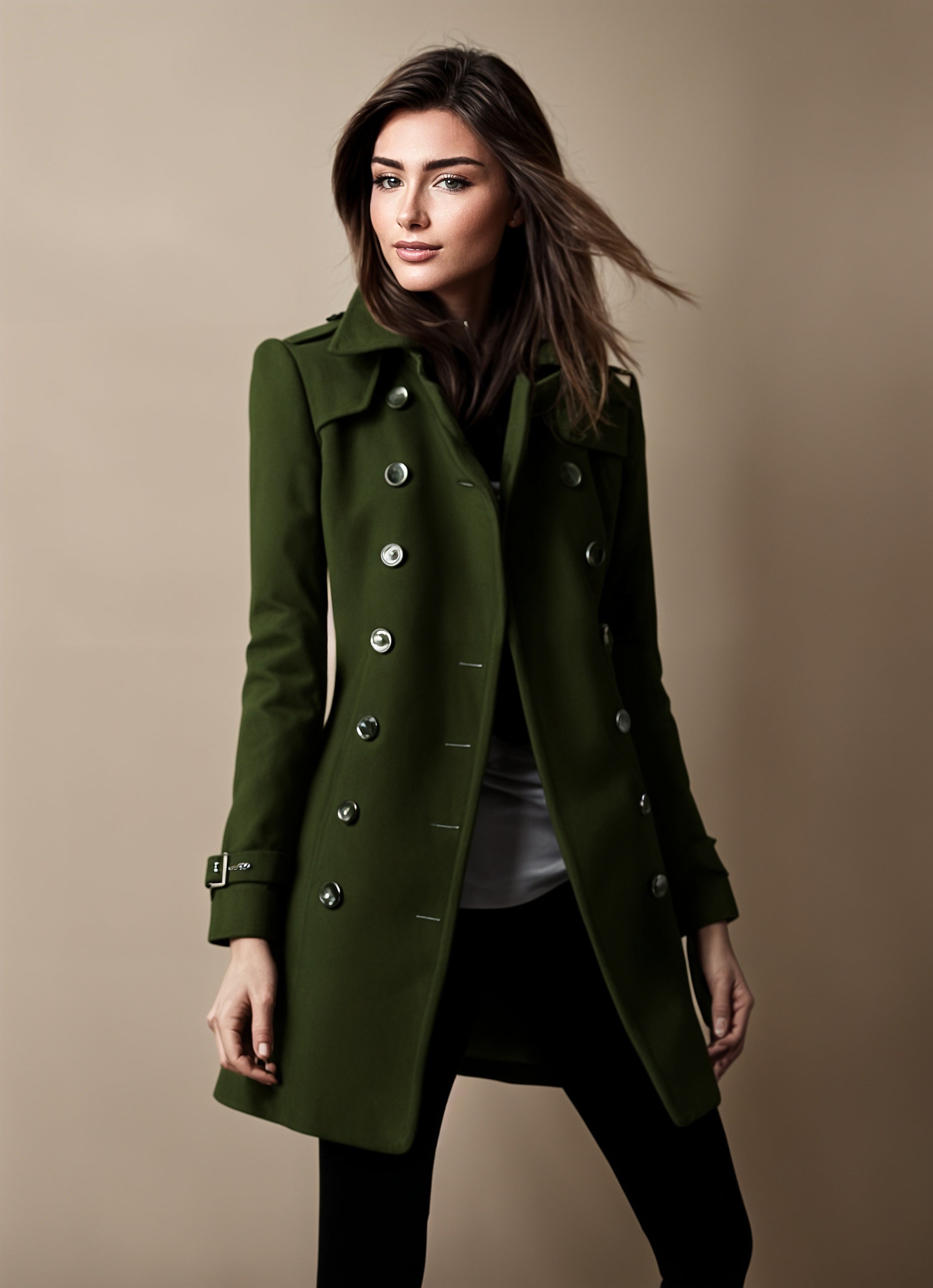 Elena elegant long tailored coat for women with a straight cut and button-front details.
