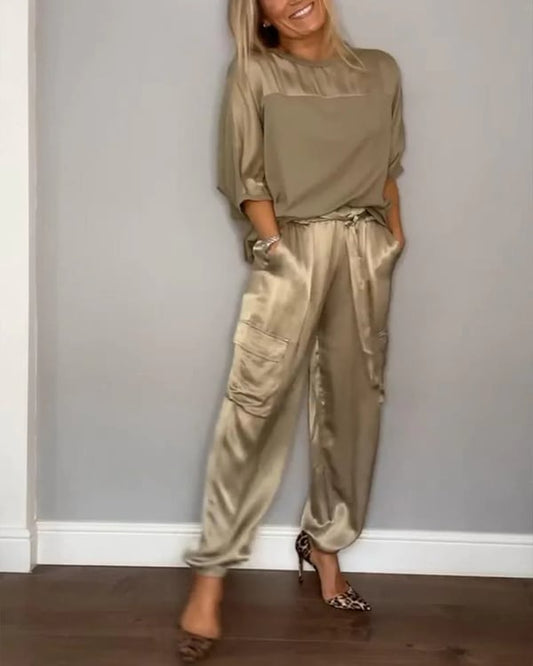 Soraya women’s satin two-piece set with short-sleeve top and jogger trousers – chic casual outfit
