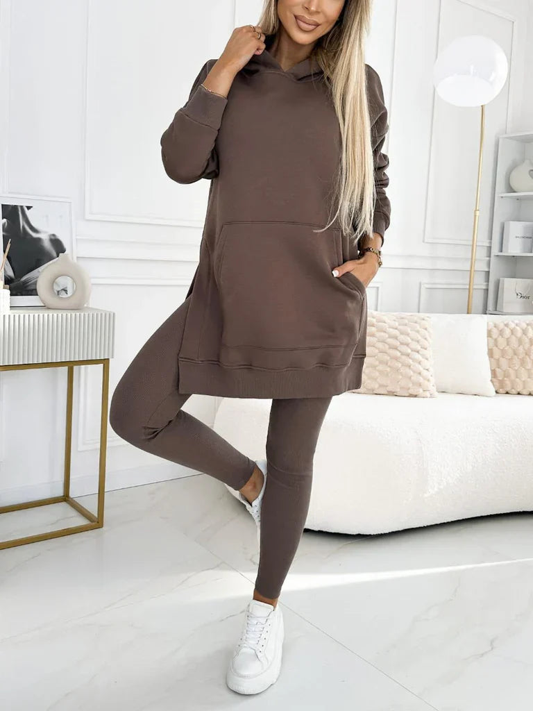 Kaia two-piece women's set with a high-neck sweatshirt and leggings in a neutral color.