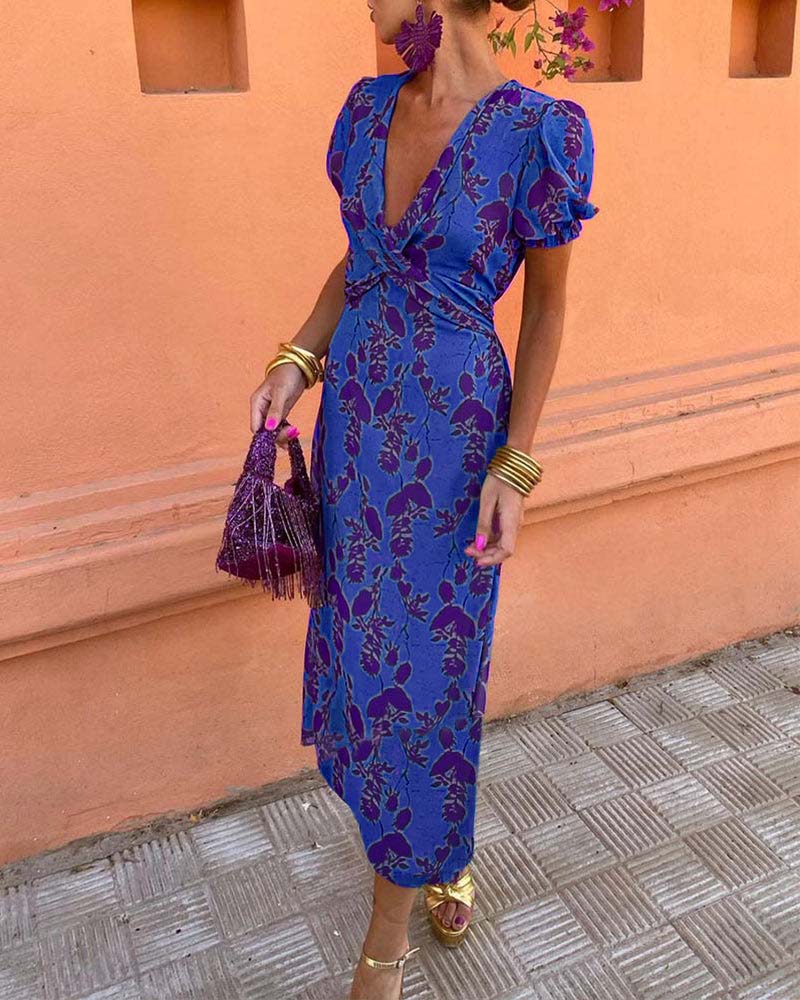 Iris women’s long floral print dress with V-neckline and short sleeves