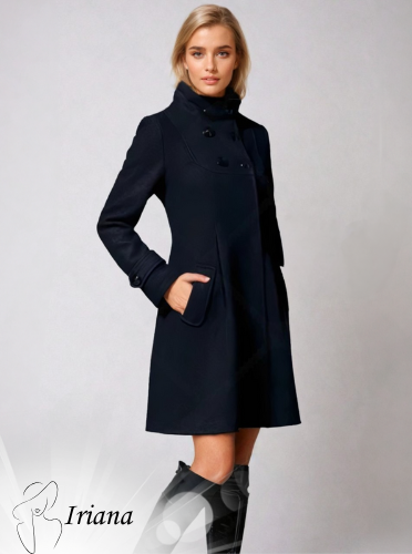 Iriana women’s long coat with side pockets, structured collar, and modern silhouette for elegant winter styling