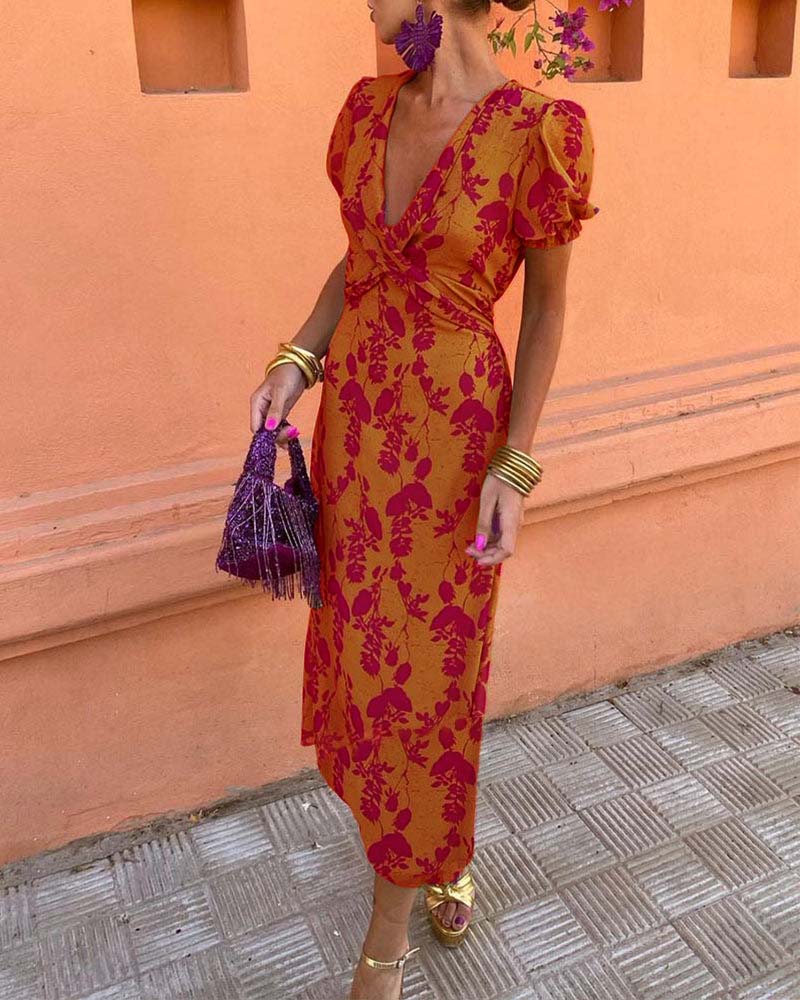 Iris women’s long floral print dress with V-neckline and short sleeves