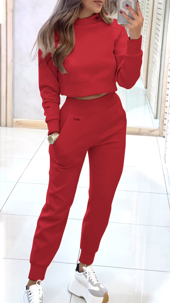 Women’s knit two-piece set with high-neck sweater and trousers
