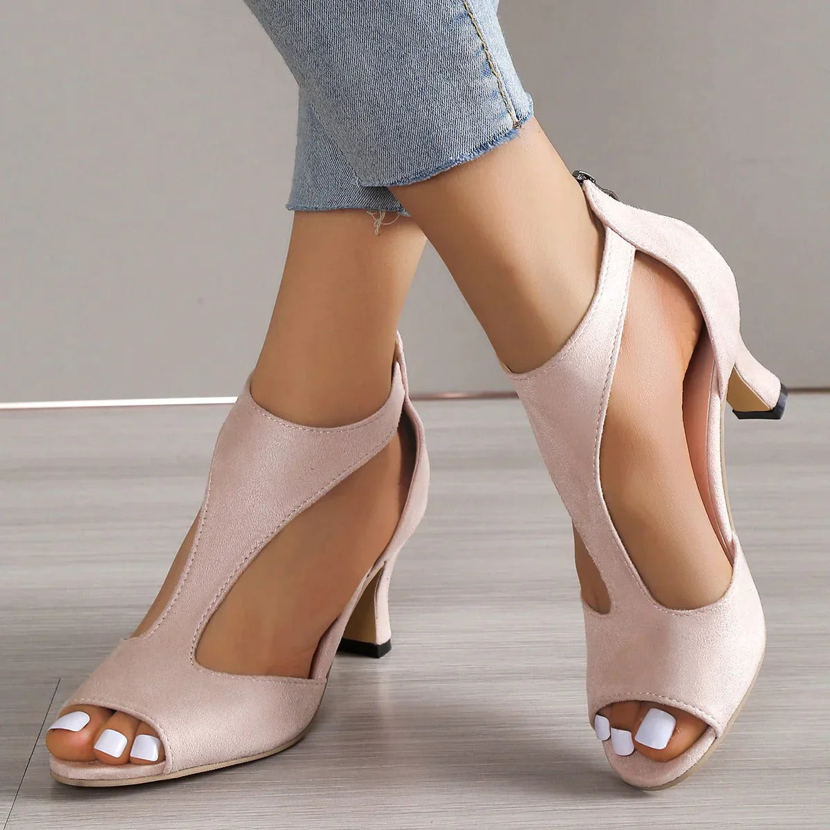 Brynn elegant heeled shoes for women with an open-toe design and a leather-look finish.