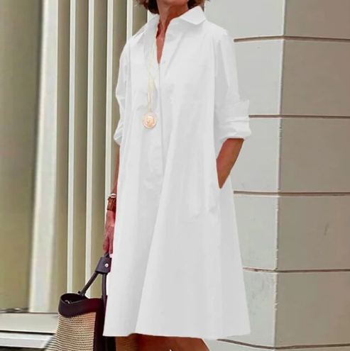 Evelise women’s casual solid shirt dress with structured collar – versatile everyday outfit