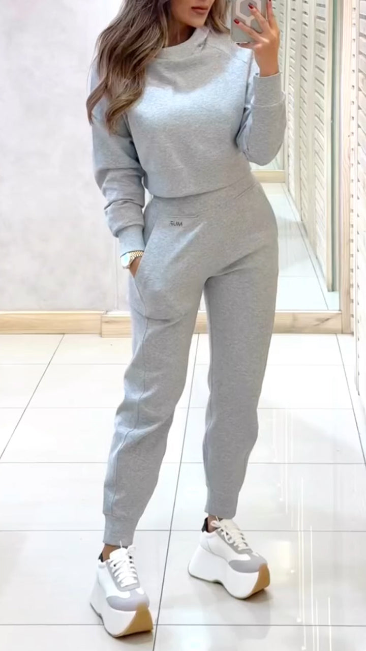 Women’s knit two-piece set with high-neck sweater and trousers