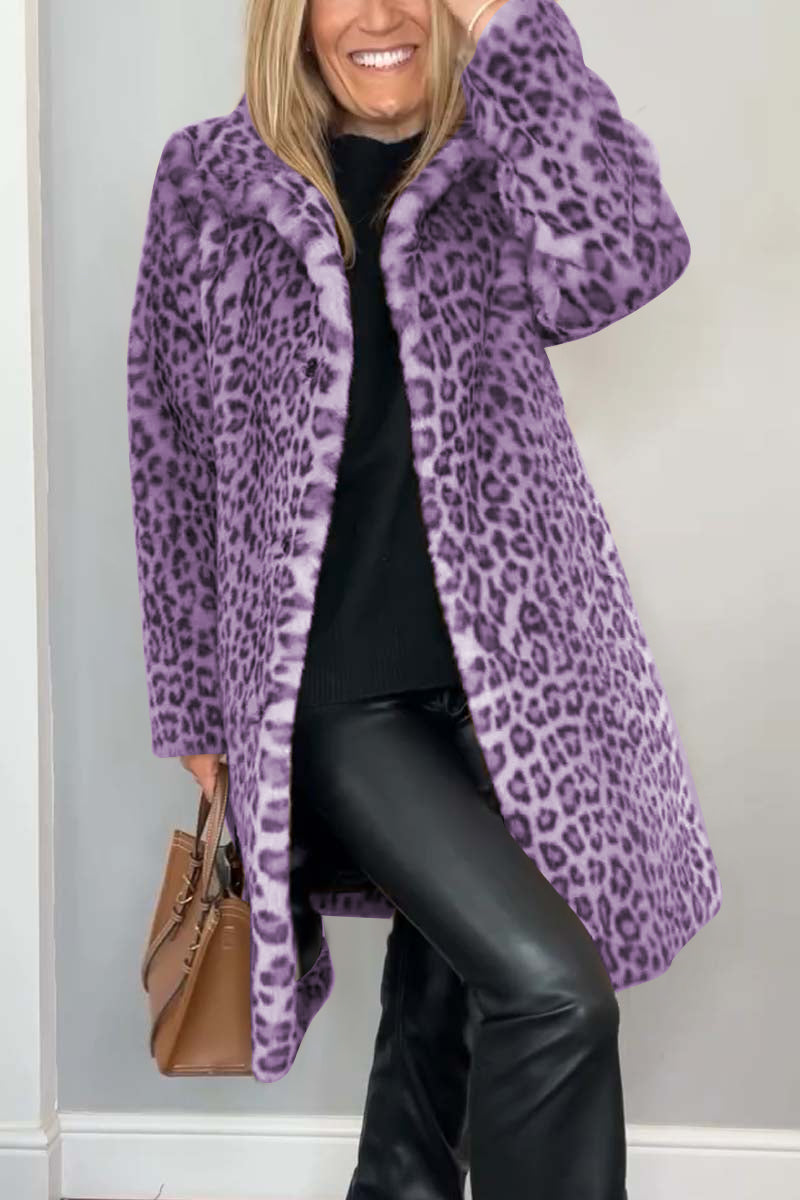 Selene women’s long coat with leopard print collar and tailored silhouette, bold and elegant design