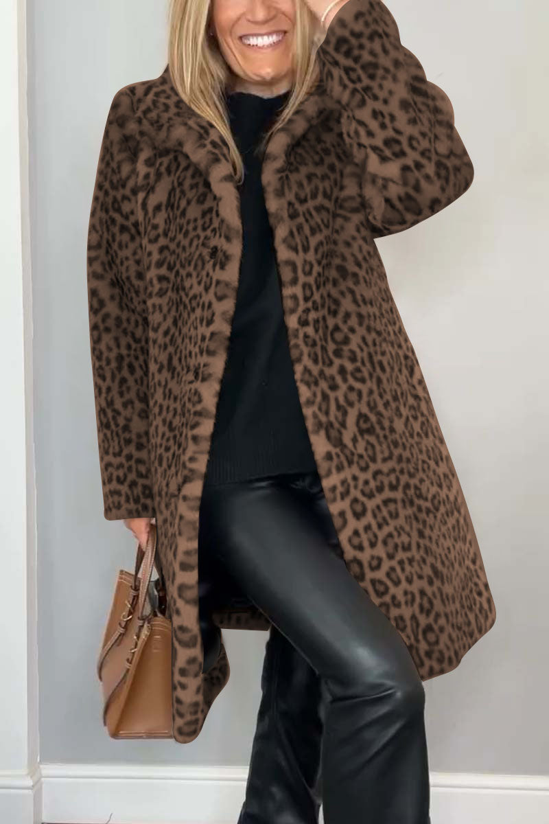 Selene women’s long coat with leopard print collar and tailored silhouette, bold and elegant design