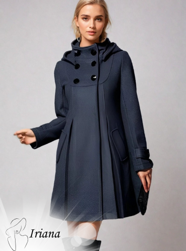 Iriana women’s long coat with side pockets, structured collar, and modern silhouette for elegant winter styling