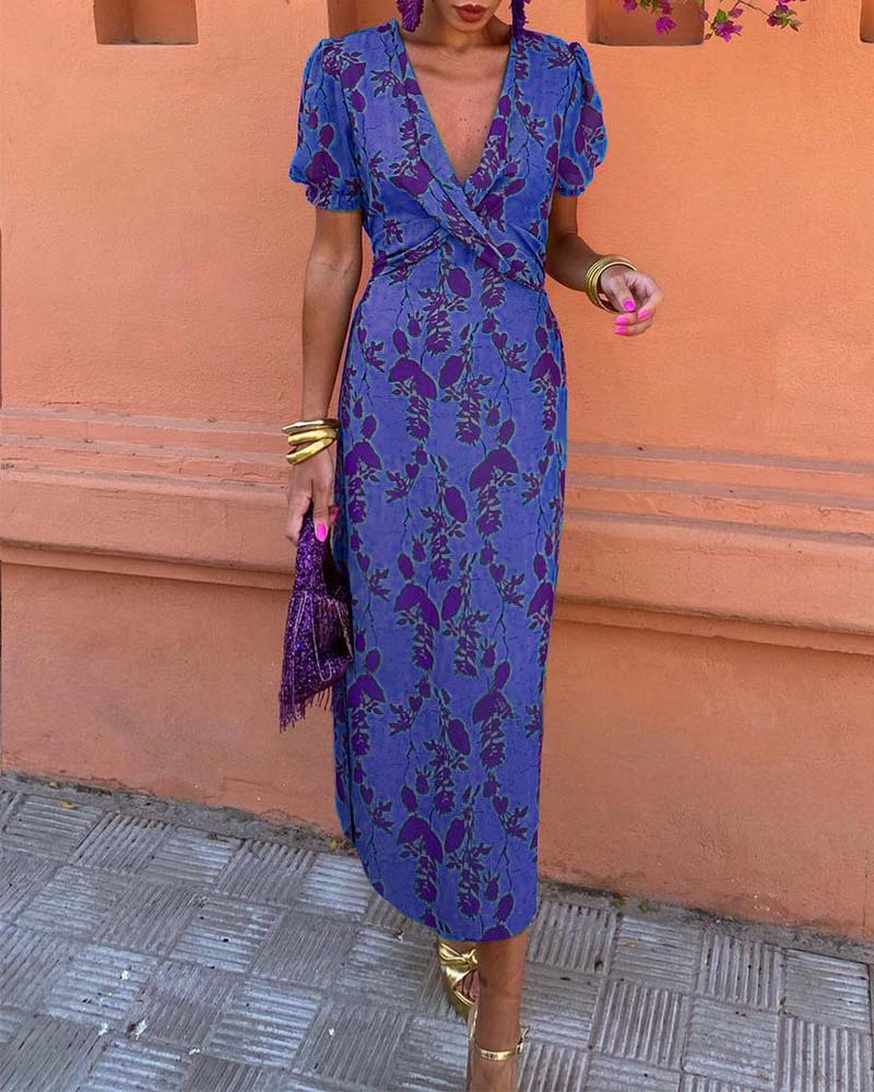 Iris women’s long floral print dress with V-neckline and short sleeves