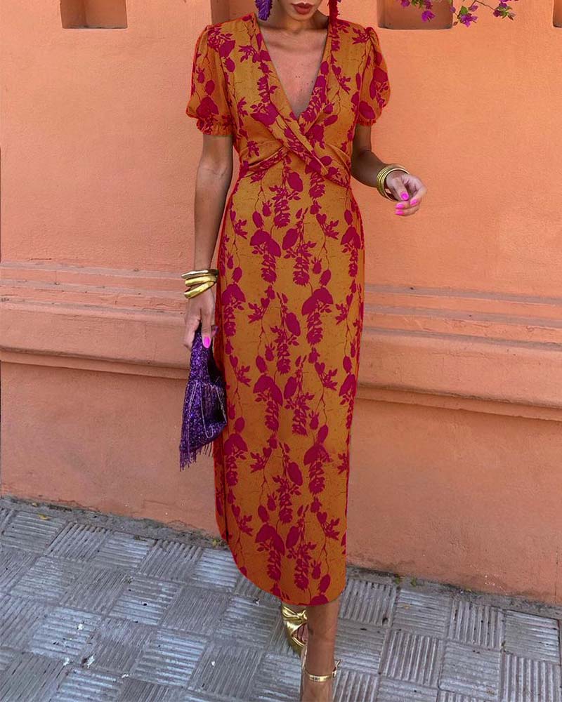 Iris women’s long floral print dress with V-neckline and short sleeves