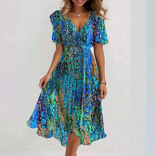 Aria women's v-neck dress with long sleeves in a fluid, elegant silhouette.