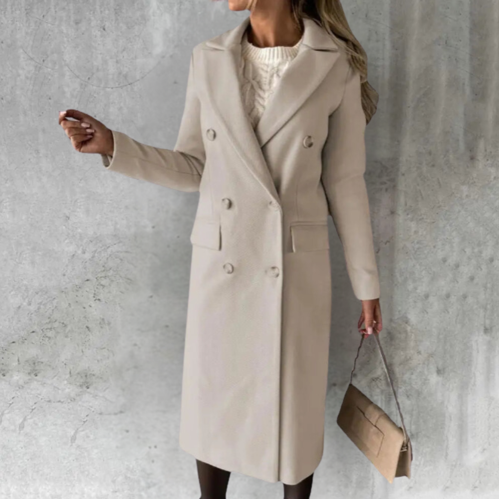 Lydia women’s trench coat with structured silhouette and button closure, elegant and versatile outerwear