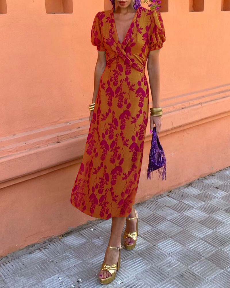 Iris women’s long floral print dress with V-neckline and short sleeves