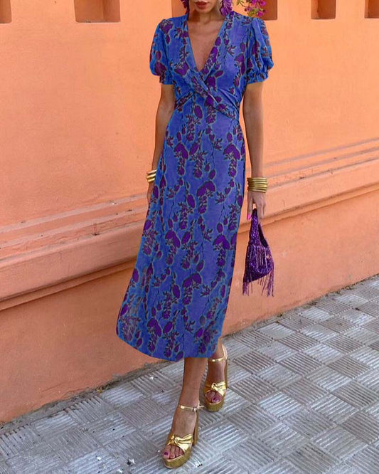 Iris women’s long floral print dress with V-neckline and short sleeves