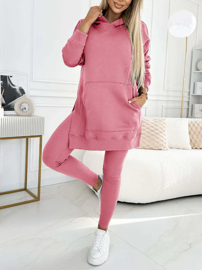 Kaia two-piece women's set with a high-neck sweatshirt and leggings in a neutral color.