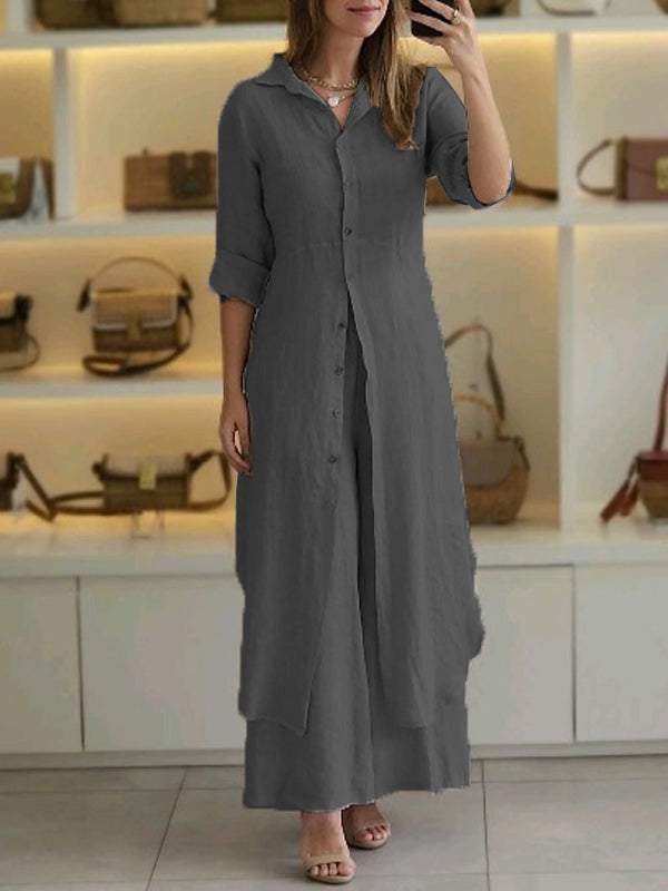 Luna two-piece set featuring a long-sleeve button-up shirt and wide-leg pants in a relaxed fit.