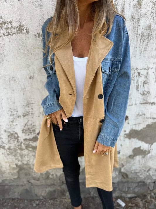 Isla patchwork denim jacket with collar in soft blue denim