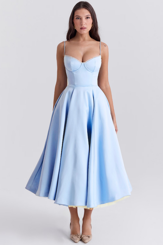 Juliet chic midi dress for women, featuring thin straps and an elegant tulle overlay, creating a flowing silhouette.
