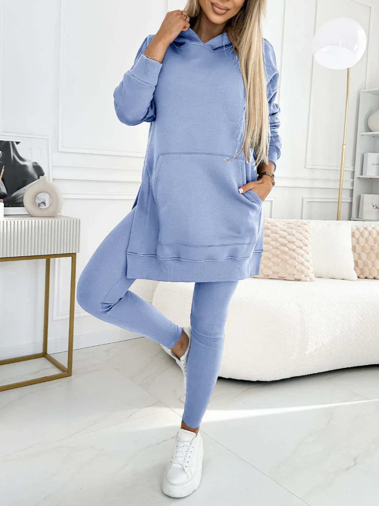 Kaia two-piece women's set with a high-neck sweatshirt and leggings in a neutral color.