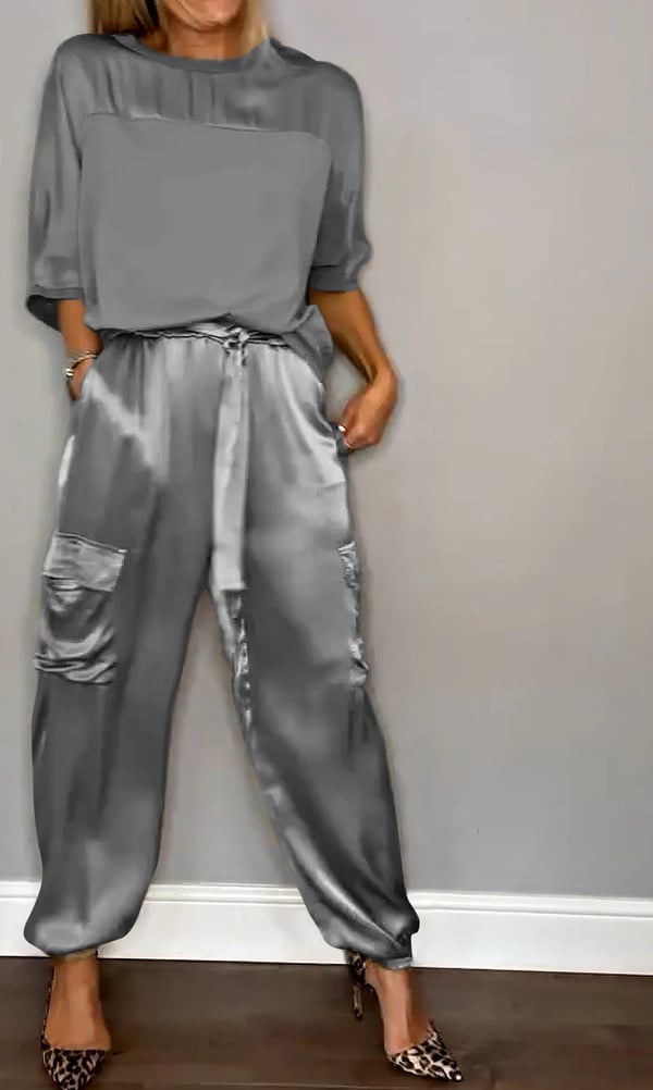 Soraya women’s satin two-piece set with short-sleeve top and jogger trousers – chic casual outfit