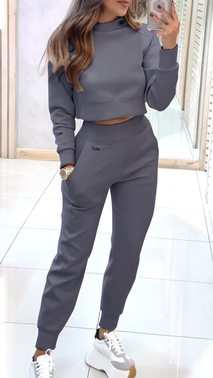 Women’s knit two-piece set with high-neck sweater and trousers