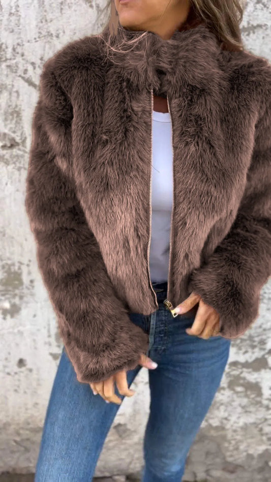 Brielle women's faux leather jacket with a high collar and a structured, short silhouette.