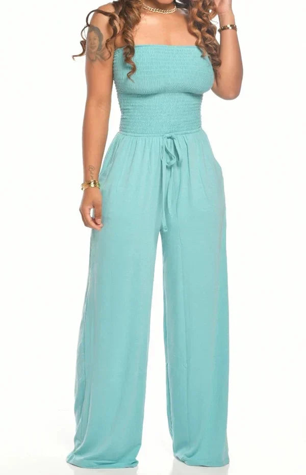 Alina sleeveless jumpsuit for women with a fluid, comfortable silhouette and a flared leg.