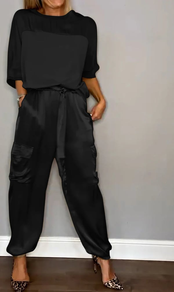 Soraya women’s satin two-piece set with short-sleeve top and jogger trousers – chic casual outfit