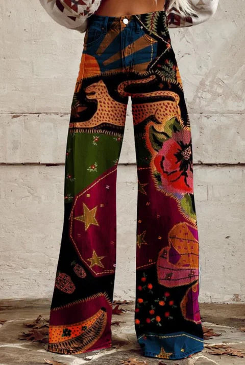 Maribel retro elephant print wide-leg trousers in boho vintage style
