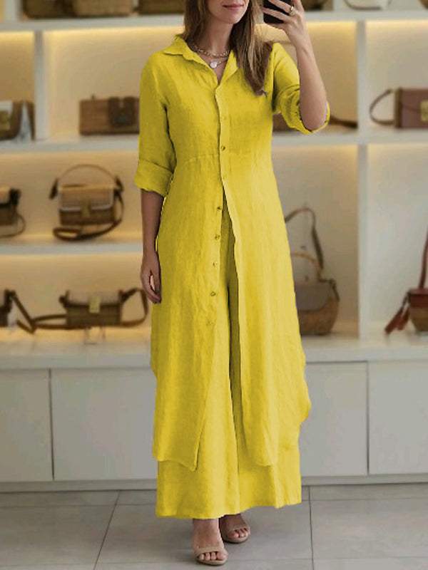 Luna two-piece set featuring a long-sleeve button-up shirt and wide-leg pants in a relaxed fit.