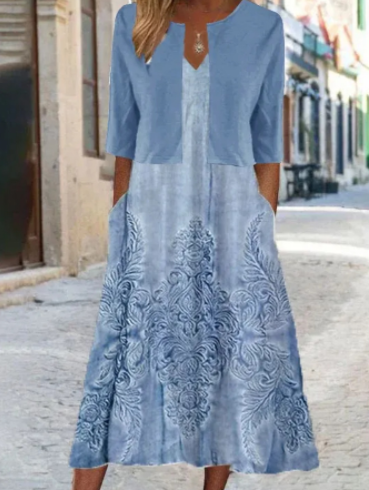 Clara women’s midi dress with floral print and matching blazer, versatile and elegant ensemble