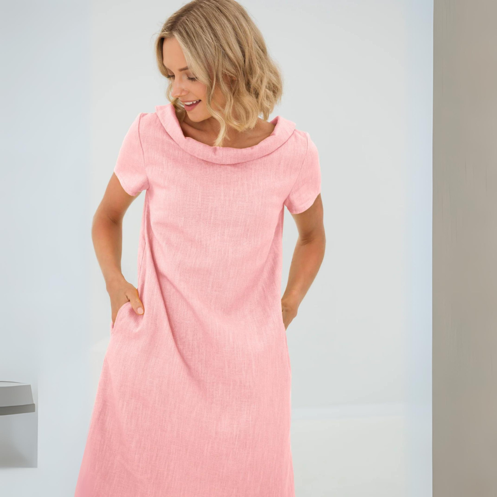 Avery women’s linen-style dress with side pockets, soft flowing fabric, relaxed and elegant style