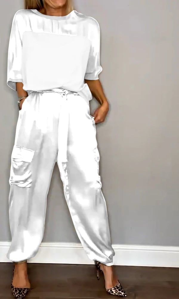 Soraya women’s satin two-piece set with short-sleeve top and jogger trousers – chic casual outfit
