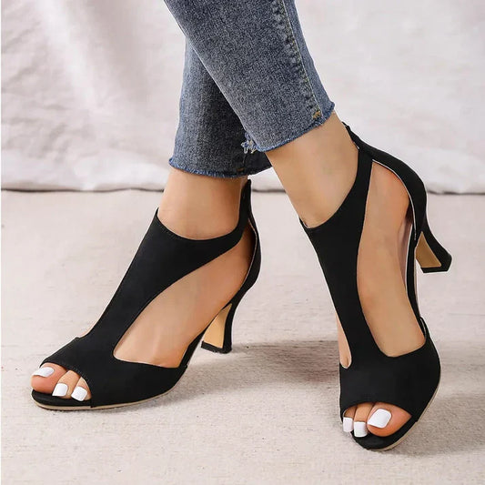 Brynn elegant heeled shoes for women with an open-toe design and a leather-look finish.