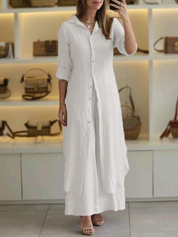 Luna two-piece set featuring a long-sleeve button-up shirt and wide-leg pants in a relaxed fit.