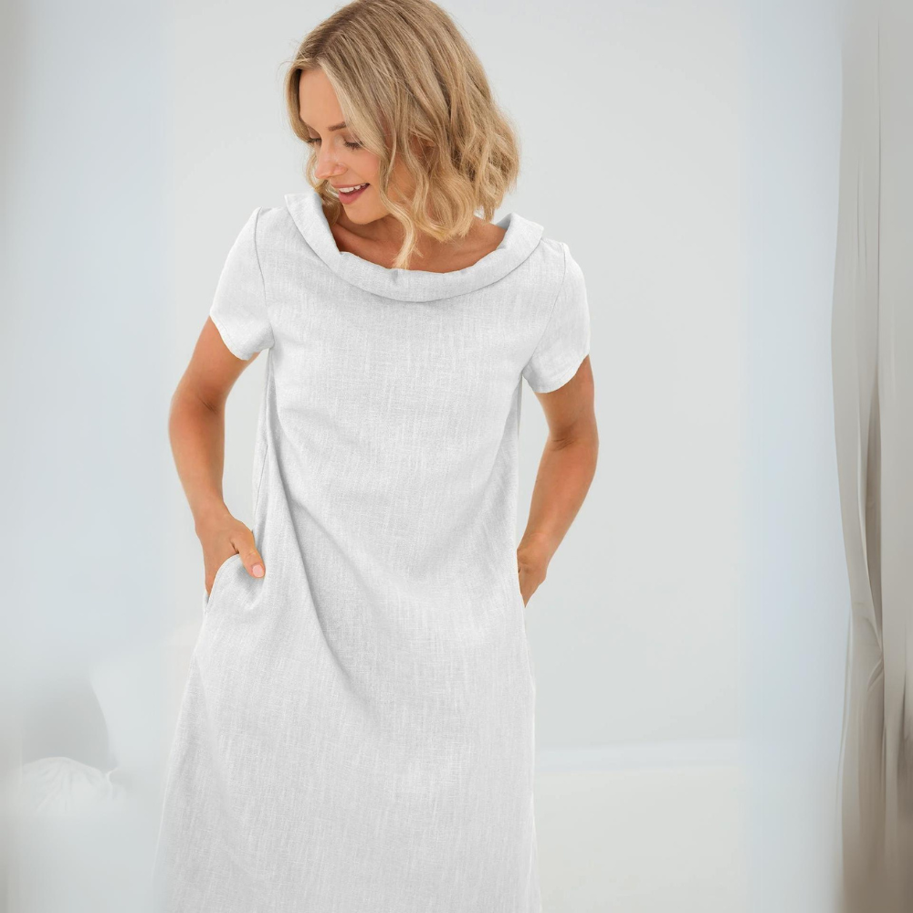 Avery women’s linen-style dress with side pockets, soft flowing fabric, relaxed and elegant style