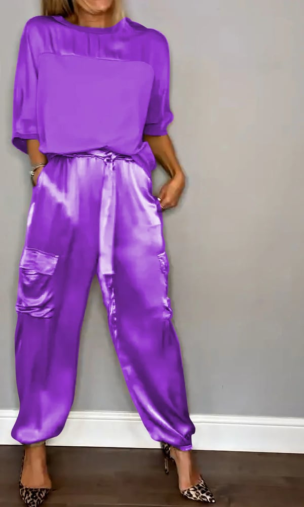 Soraya women’s satin two-piece set with short-sleeve top and jogger trousers – chic casual outfit