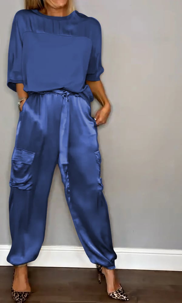 Soraya women’s satin two-piece set with short-sleeve top and jogger trousers – chic casual outfit