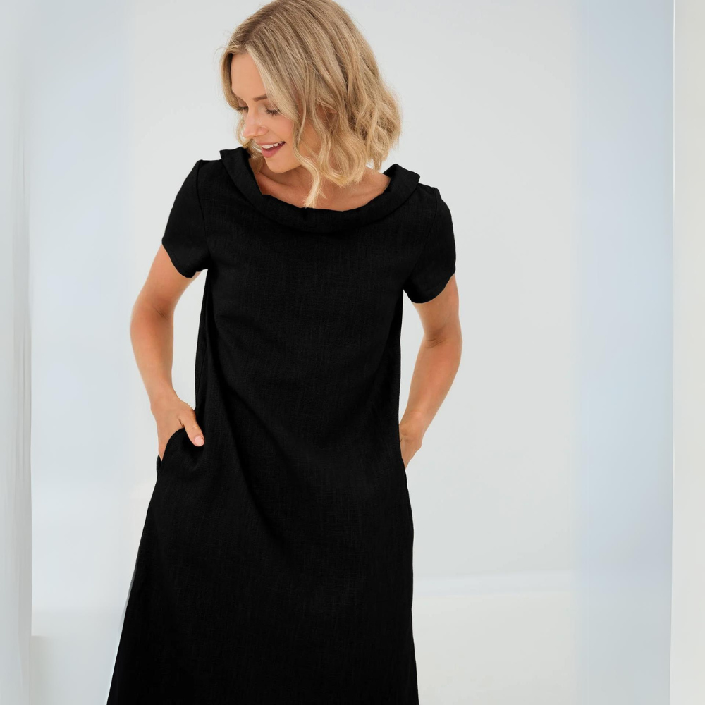 Avery women’s linen-style dress with side pockets, soft flowing fabric, relaxed and elegant style