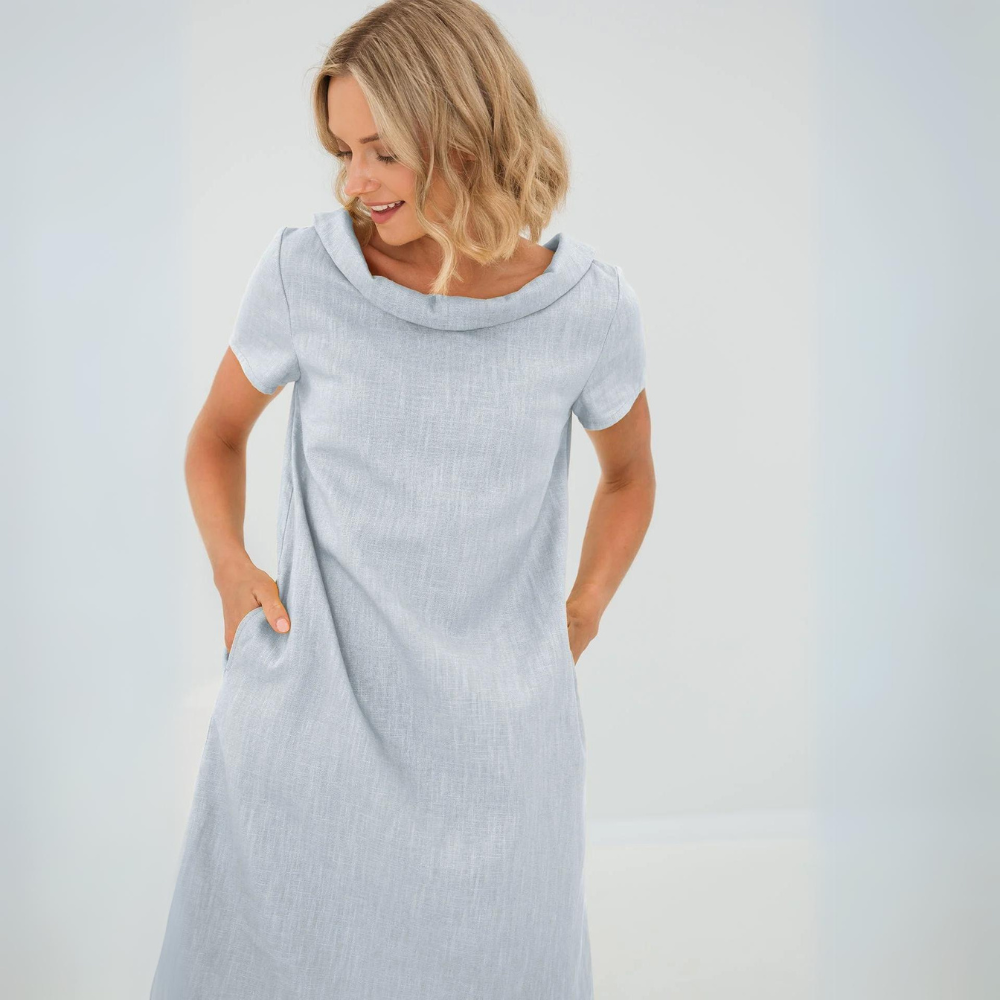 Avery women’s linen-style dress with side pockets, soft flowing fabric, relaxed and elegant style