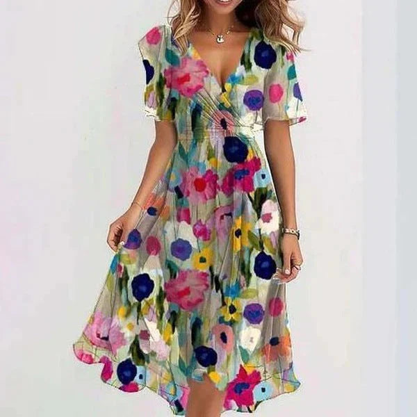 Aria women's v-neck dress with long sleeves in a fluid, elegant silhouette.
