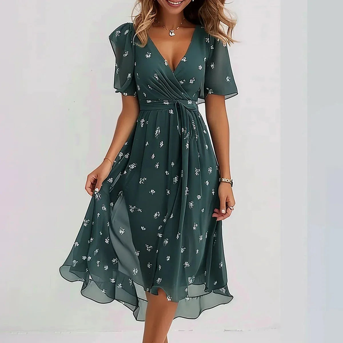 Aria women's v-neck dress with long sleeves in a fluid, elegant silhouette.