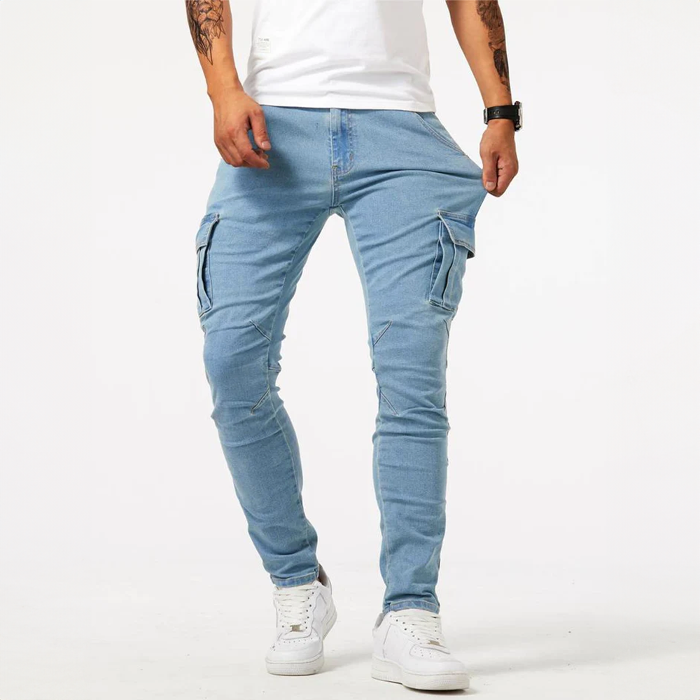 Cade men's cargo jeans with a comfortable, relaxed fit and multiple side pockets.