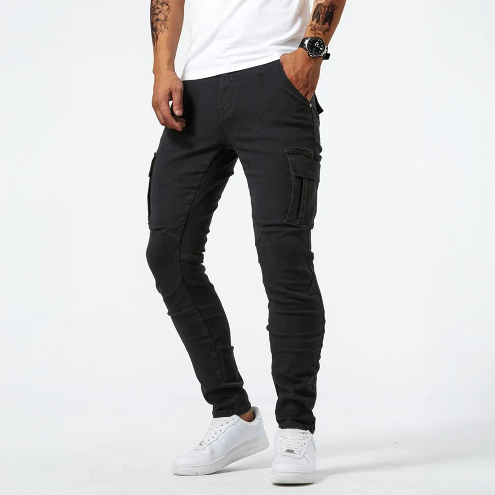 Cade men's cargo jeans with a comfortable, relaxed fit and multiple side pockets.