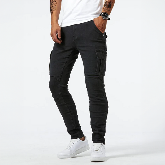 Cade men's cargo jeans with a comfortable, relaxed fit and multiple side pockets.